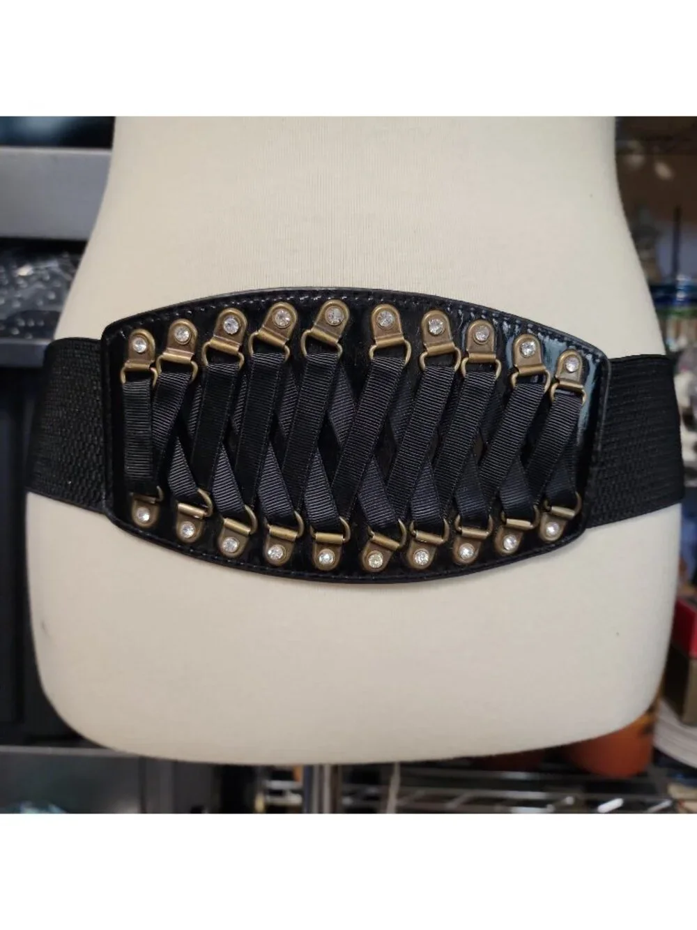 Ladies Women Waist Belt Cincher Corset Wide Band Elastic Black Waspie Rivet Belt